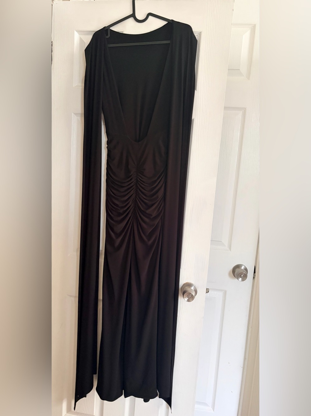 Club L London Black Ruched Maxi Gown with Draped Cape - Picture 3 of 5